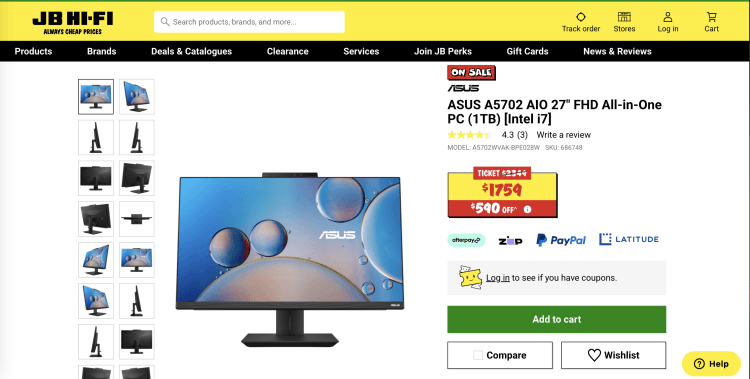 JB Hi-Fi: ASUS A5702 AIO 27″ FHD All-in-One PC (1TB) [Intel i7] – Was $2349, now $1759